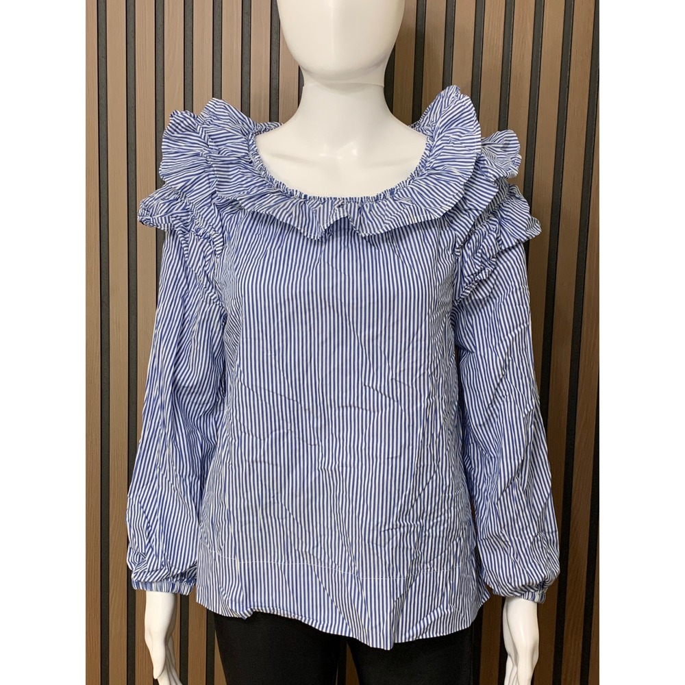 J.Crew Women's Blue White Striped Ruffle Neck Cotton Blouse XS Long Sleeve Top